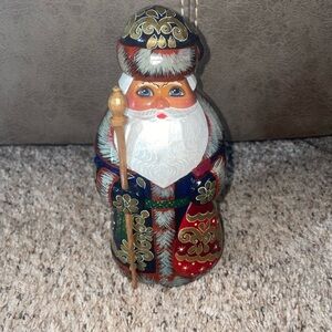 Hand Carved and Painted Wooden Russian Santa with Staff 8.5”h